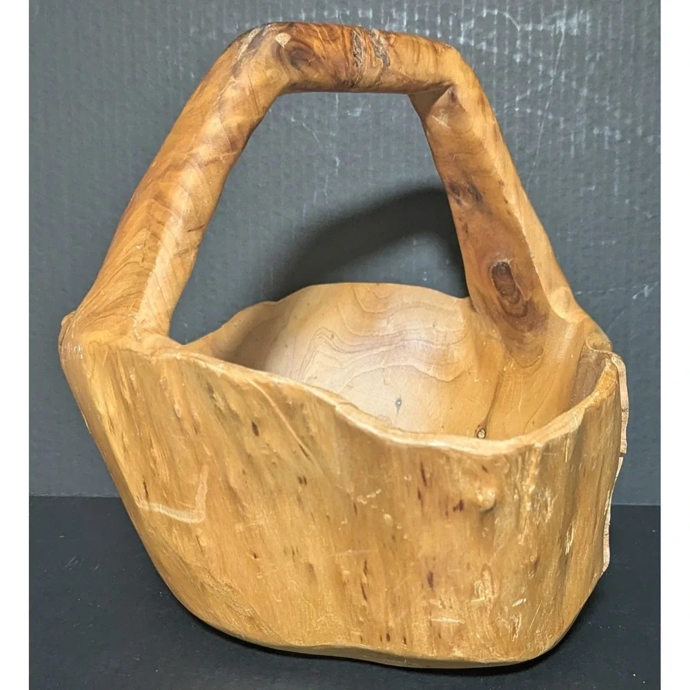 Vintage Hand Carved Burl Wood Rustic Wooden Basket with Handle So Much Character